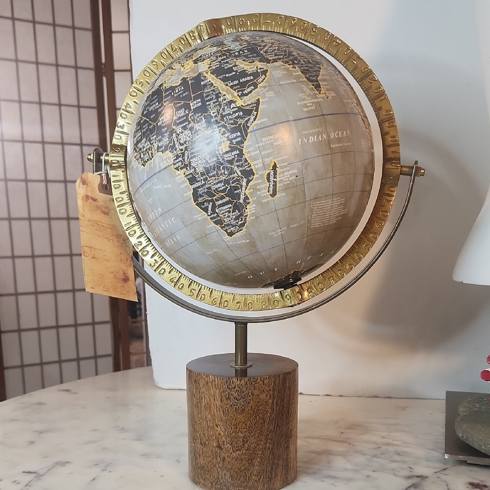 Contemporay Antique Gobal World Wood Base Brass Ring